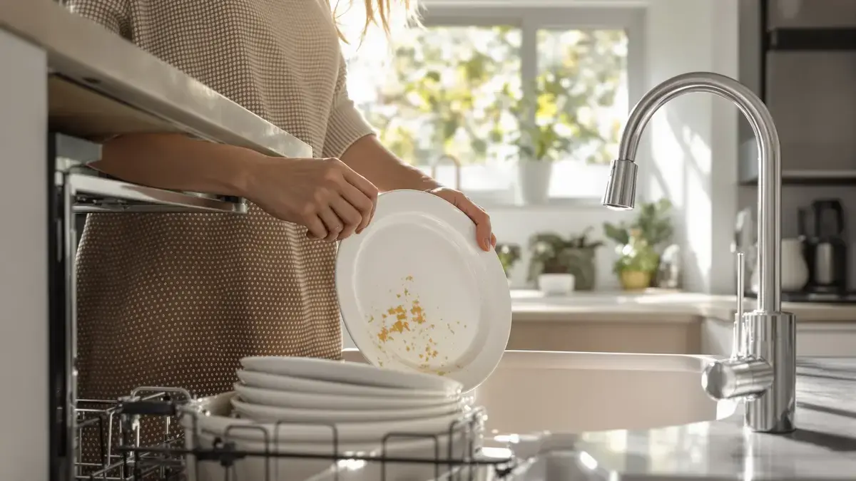 De vaat afspoelen voordat je deze in de vaatwasser zet voorkomt een veelgemaakte fout die de werking vermindert
